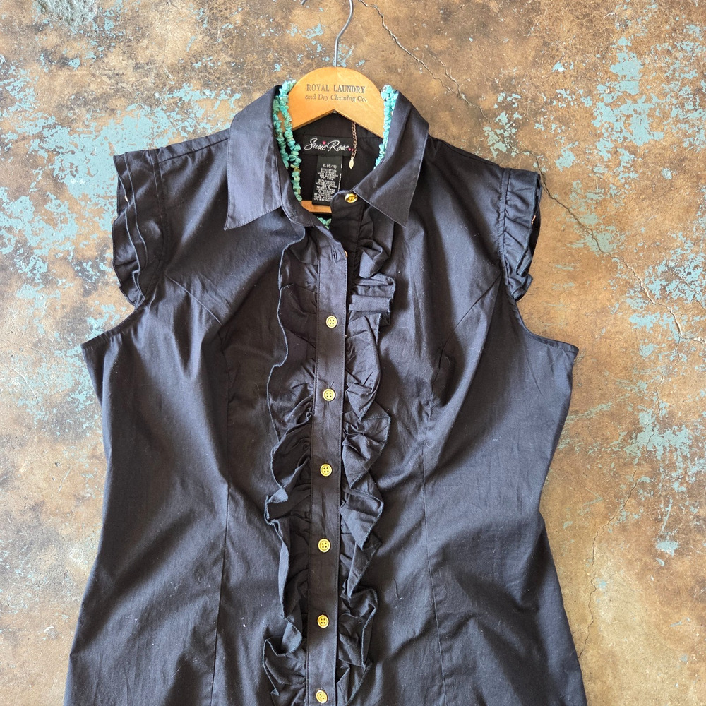 Vintage Y2K Black Ruffle Front Top Size XL 15 17 Cap Sleeve Corpcore Button Up - Picture 3 of 8